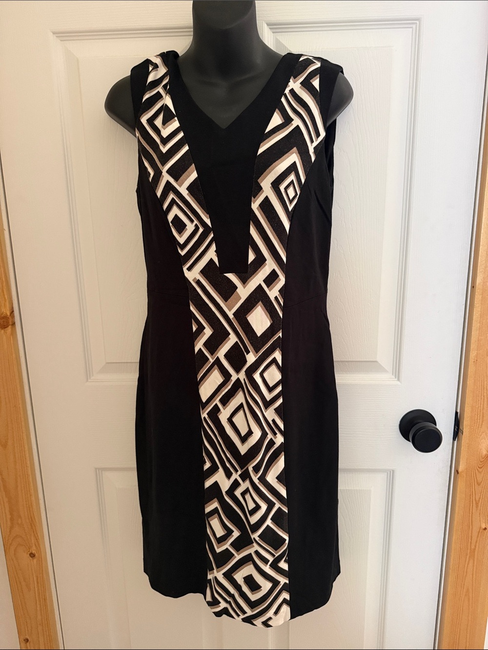 Chico's Black and Cream Geometric V-Neck Midi Dress